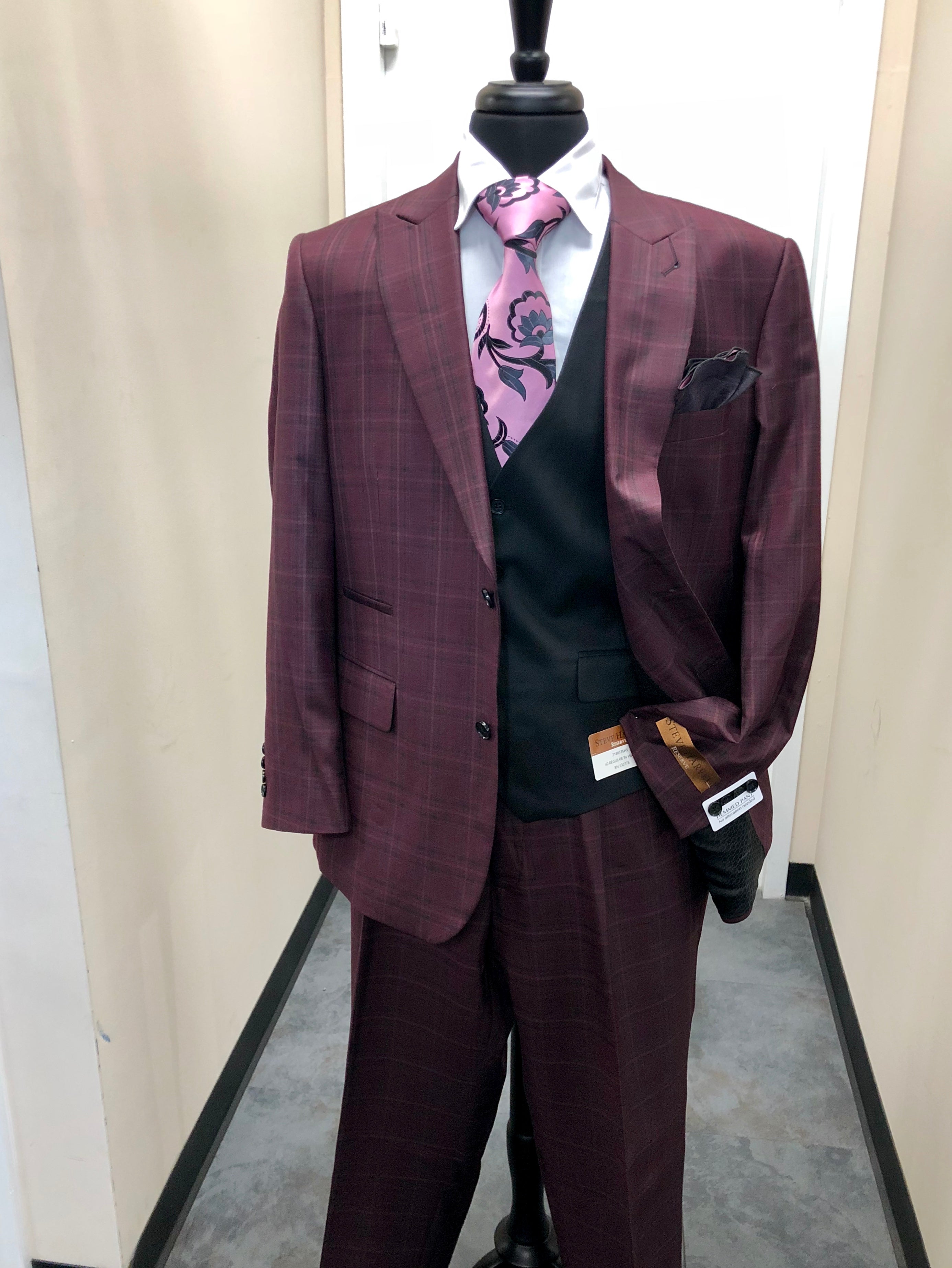 Steve Harvey Burgundy and Black Windowpane with Black Vest – On